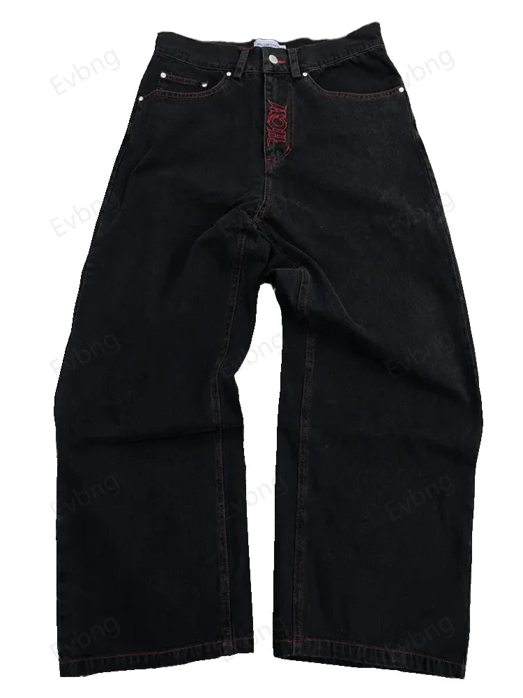 Hip Hop Y2K Jeans Mens Retro Skull Embroidery Washed Women's Denim Pants New Straight Casual Loose Wide Leg Trouser Streetwear