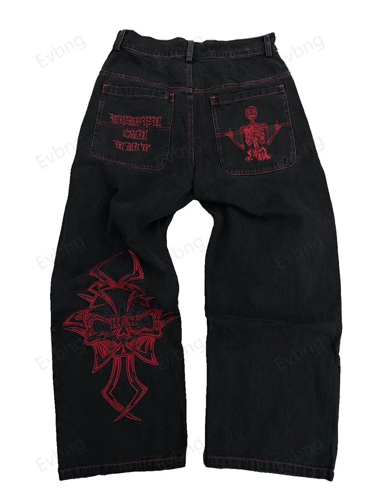 Hip Hop Y2K Jeans Mens Retro Skull Embroidery Washed Women's Denim Pants New Straight Casual Loose Wide Leg Trouser Streetwear