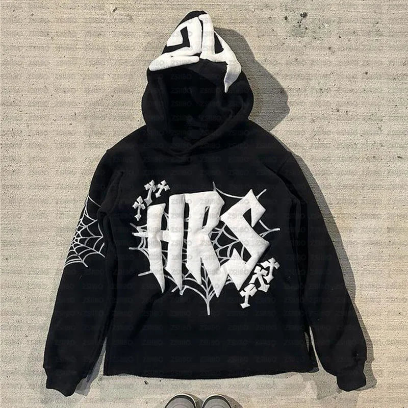 Y2K Hoodie Kpop Retro Street Fashion Hooded Pullover Letter Spider Web Printed Long sleeved Sweatshirt Top Men Women Clothing