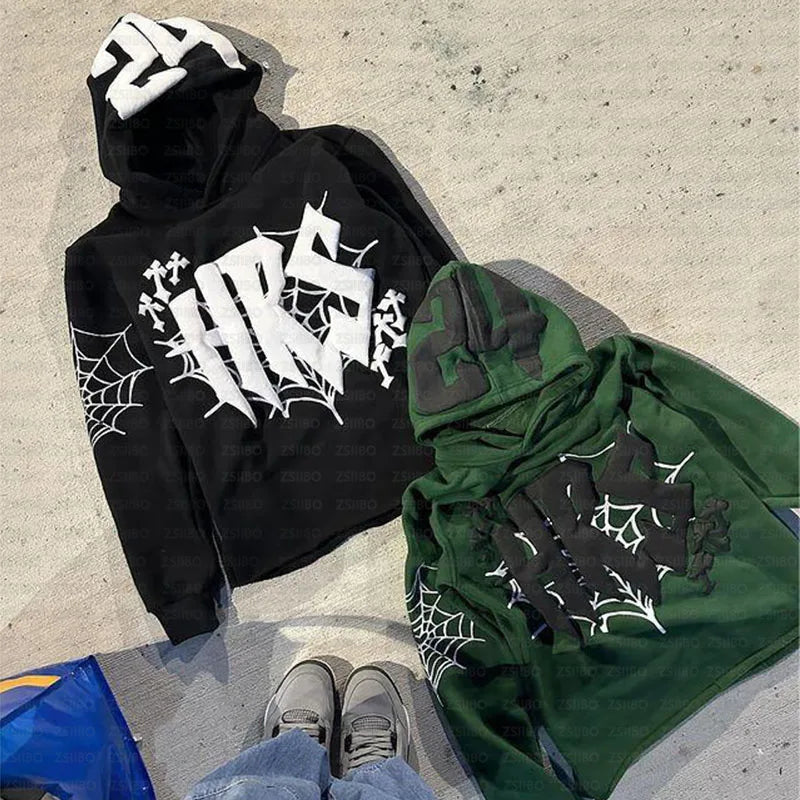 Y2K Hoodie Kpop Retro Street Fashion Hooded Pullover Letter Spider Web Printed Long sleeved Sweatshirt Top Men Women Clothing