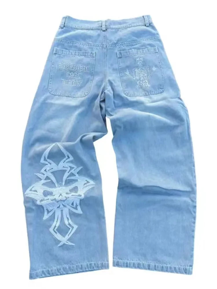 Hip Hop Y2K Jeans Mens  Retro Skull Embroidery Washed Women's Denim Pants New Straight Casual Loose Wide Leg Trouser Streetwear